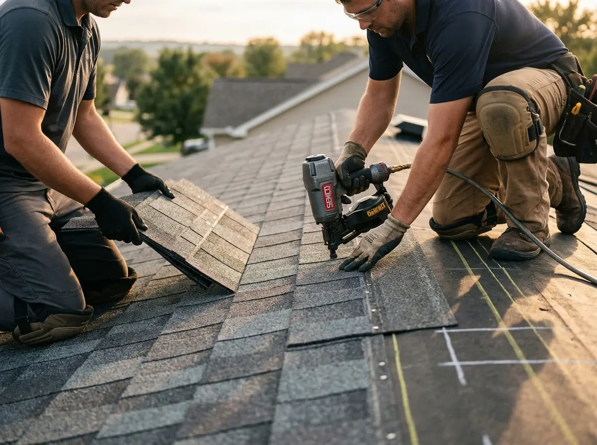 Professional roofer working on a residential roof in Moody